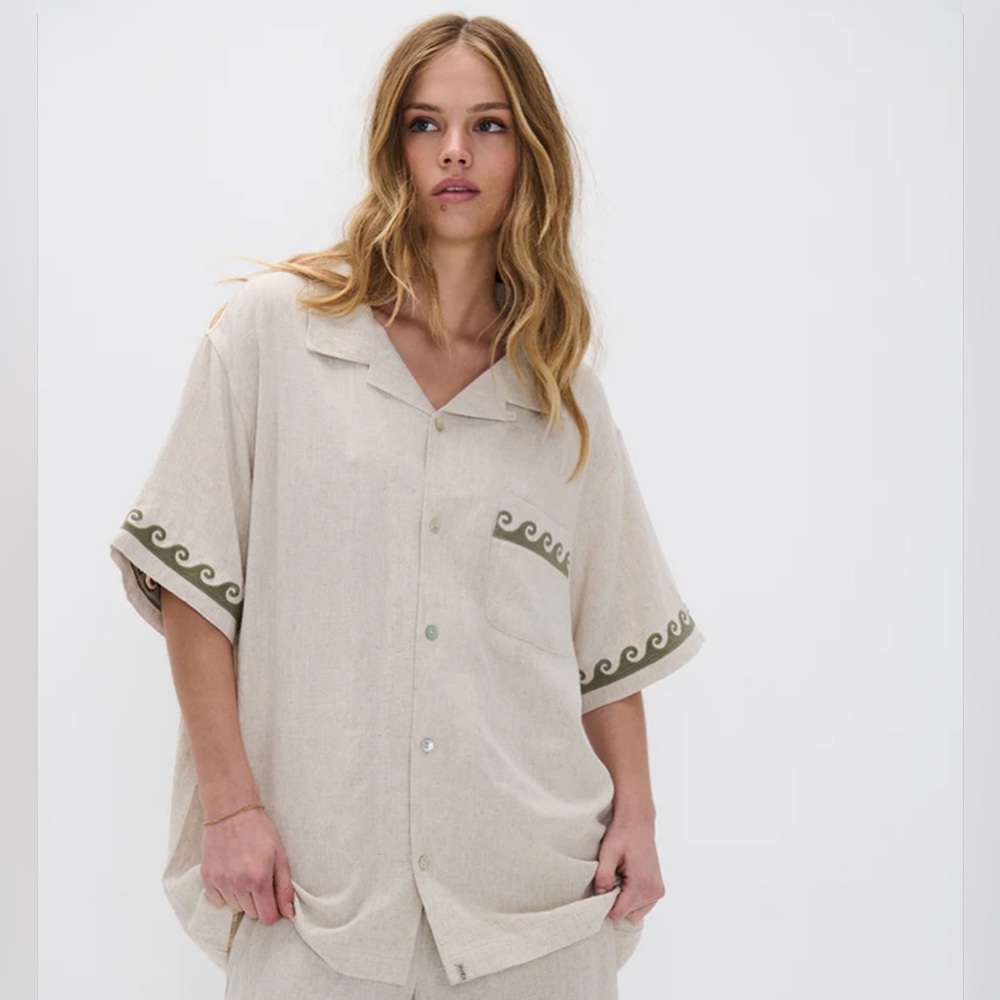 Oversized Linen blend Cream and Green Button Down shirt